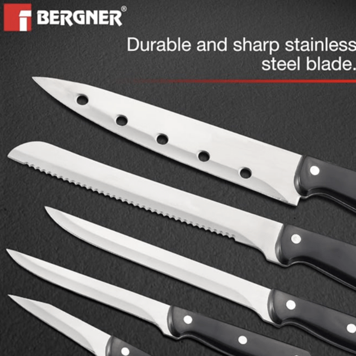 Bergner Shark Stainless Steel 8 Pcs Knife Set - Chef Knife, Bread Knife, Boning Knife, Utility Knife, Paring Knife, Sharpener, Scissor and Wooden Block, Durable and Sharp Blade, Soft Touch Handle - Image 2